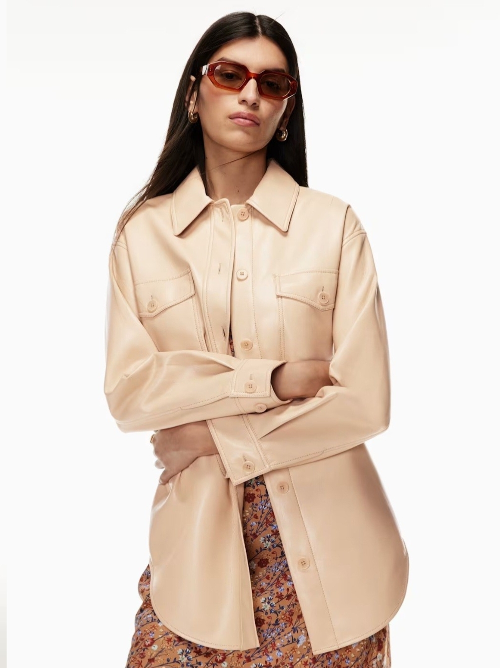 Aritzia Wilfred Pale Beige Faux Leather Shirt Jacket